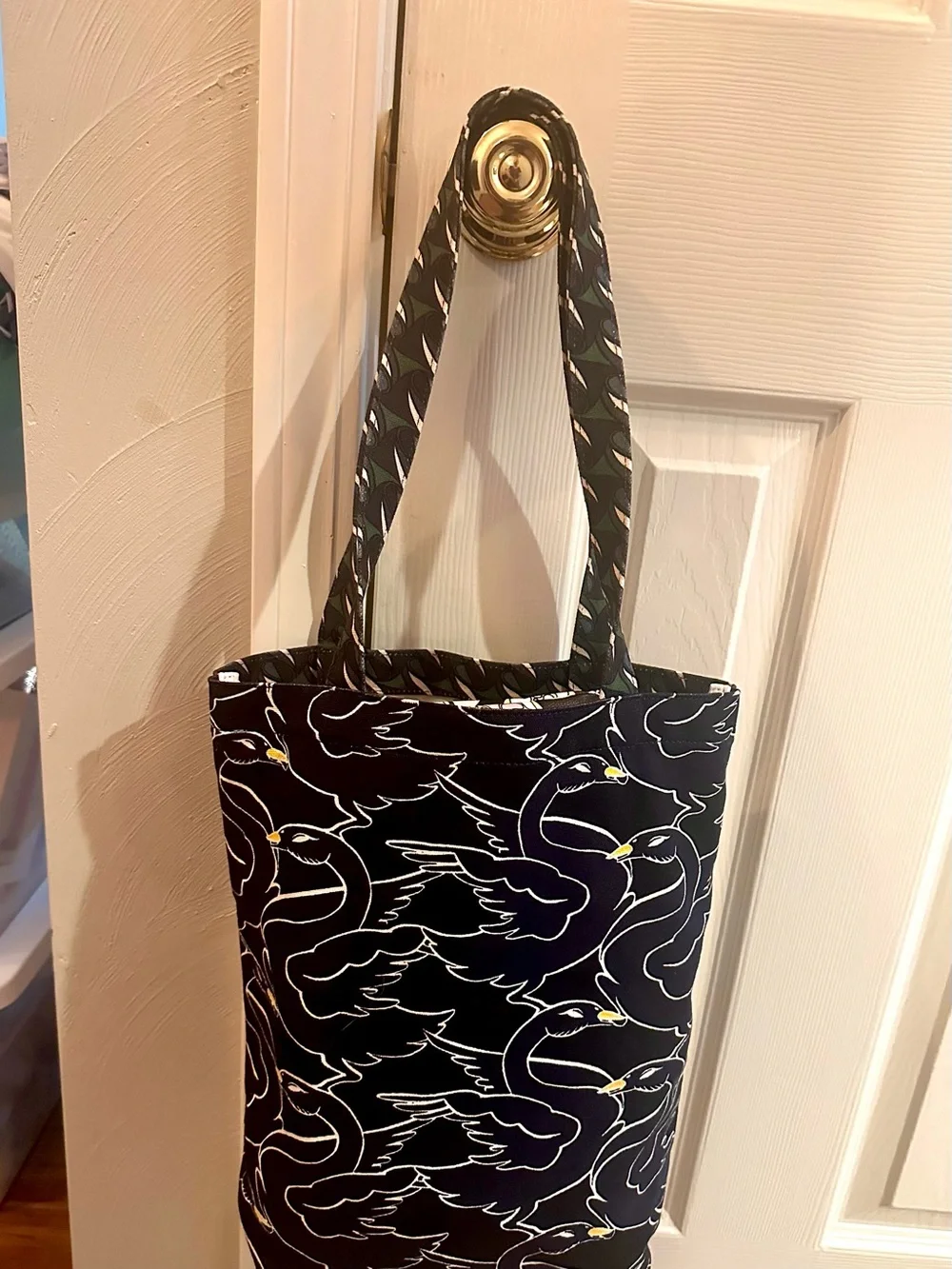 Tory Burch Black Patterned Tote with Multicolor Graphic Accents & Swan Print